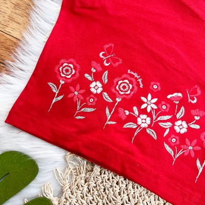 Conj. Regata Beutiful Flowers e Short em Linho - Vermelho